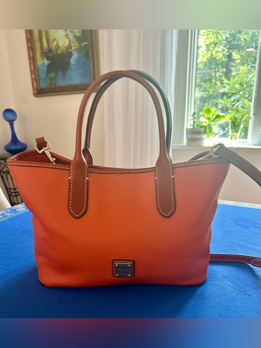 Dooney & Bourke Orange Leather Tote with Brown Trim